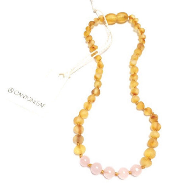 Canyon Leaf™ Baltic Amber + Rose Quartz Teething Necklace