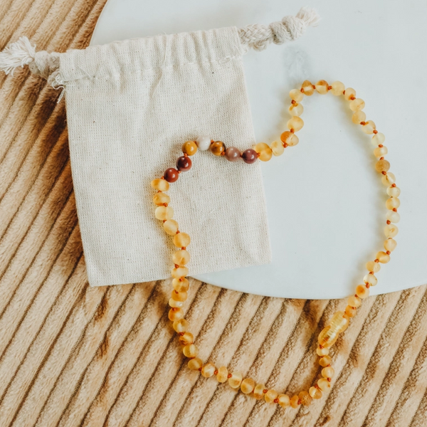 Canyon Leaf™ Baltic Amber + Mookaite Jasper Teething Necklace