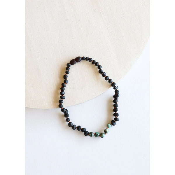 Canyon Leaf Black Baltic Amber Turquoise Jasper Teething Necklace