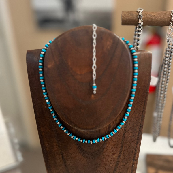 Ella E Designs® Sterling Silver Navajo Pearl and Turquoise Bead Necklace - 4mm - 15-18.5"