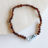 Canyon Leaf™ Polished Cognac Baltic Amber + Aquamarine Necklace