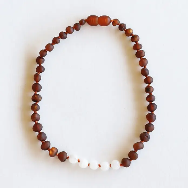 Canyon Leaf™ Polished Cognac Baltic Amber + Moonstone Necklace