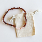 Canyon Leaf™ Polished Cognac Baltic Amber + Rose Quartz Necklace