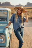 Sewn & Seen® Frayed Trim Denim Button Top