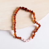 Canyon Leaf™ Polished Cognac Baltic Amber + Rose Quartz Necklace