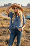 Sewn & Seen® Frayed Trim Denim Button Top