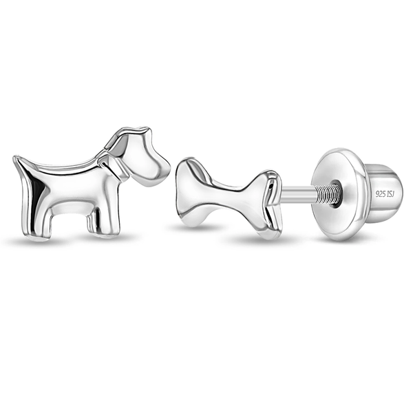 In Season® Sterling Silver Stud Screw Back Earrings - Dainty Dog & Bone