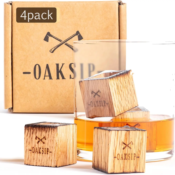 Oaksip® Charred Wooden Oak Bourbon and Whiskey Cubes Set
