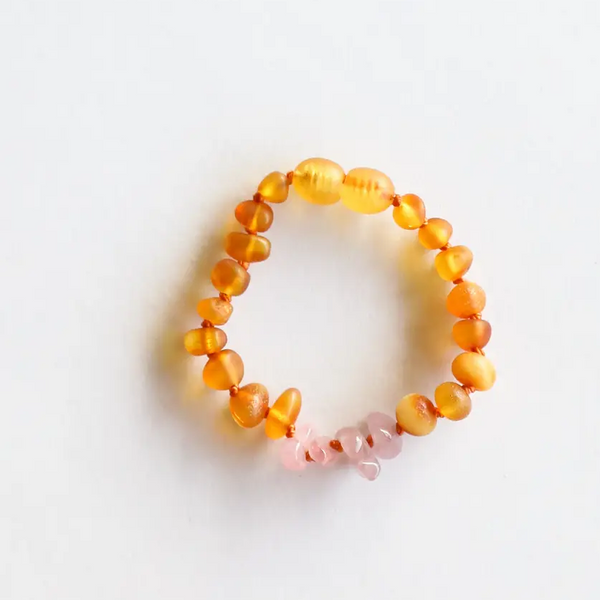 Canyon Leaf™ Baltic Amber Teething Bracelet | Anklet with Rose Quartz