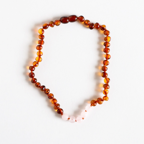 Canyon Leaf™ Polished Cognac Baltic Amber + Rose Quartz Necklace