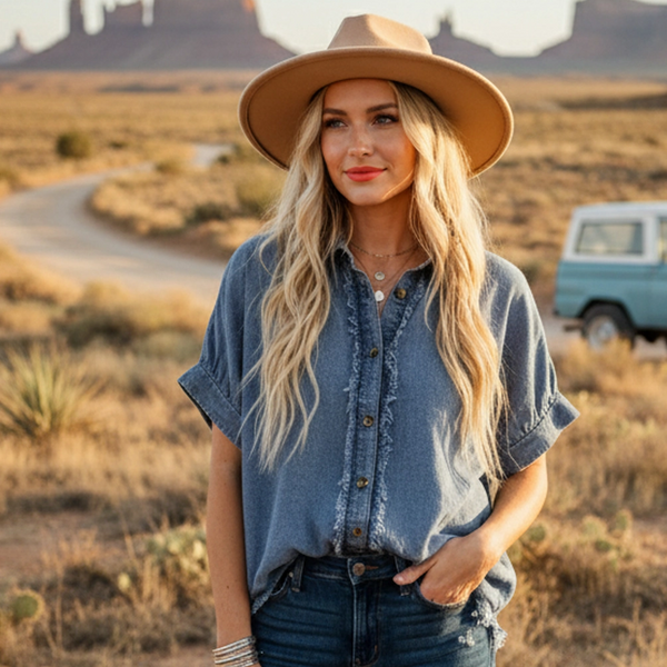 Sewn & Seen® Frayed Trim Denim Button Top