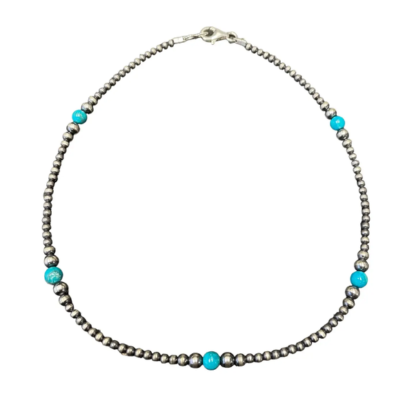 Buckle Boss® Sterling Silver & Blue Turquoise Navajo Pearl Necklace 16"