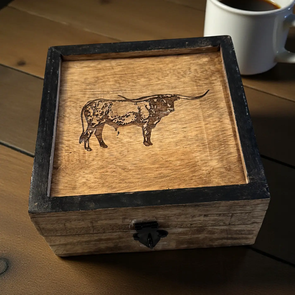Wilco Home® Branding Iron Long Horned Bull Carved Wooden Box