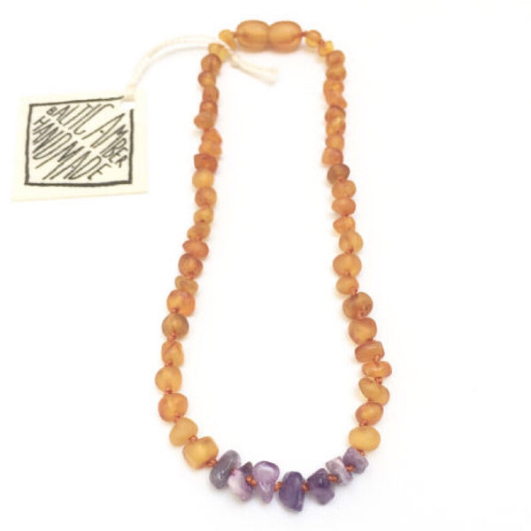 Canyon Leaf™ Baltic Amber + Amethyst Teething Necklace