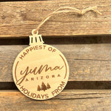 Adorned Fox® 3" Wooden Ornament - Happiest of Holidays Yuma