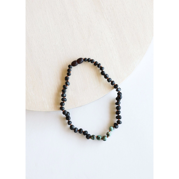 Canyon Leaf™ Black Baltic Amber + Turquoise Jasper Teething Necklace